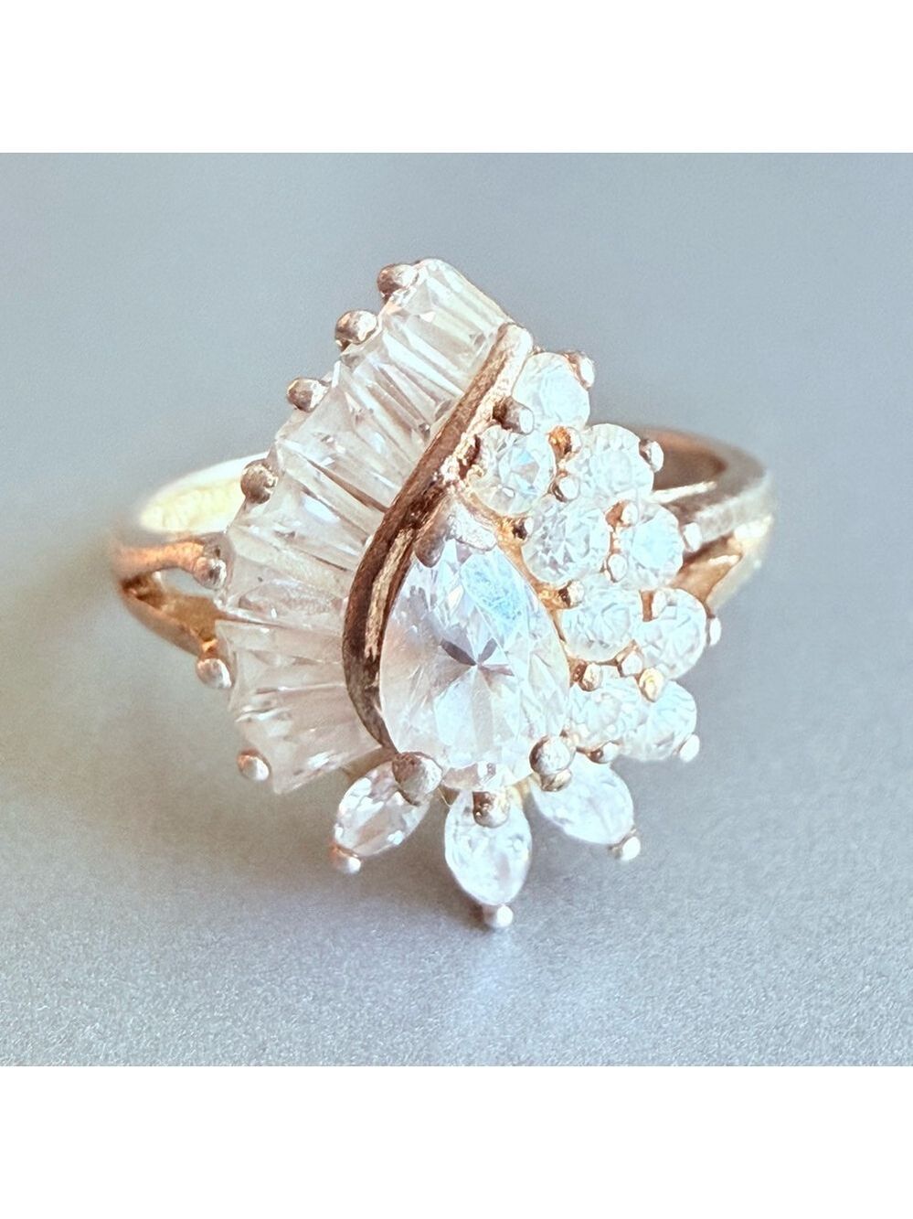 18K Vermeil Halo 3.5 CT Cubic Zirconia Baguette Marquise Sterling Silver Ring